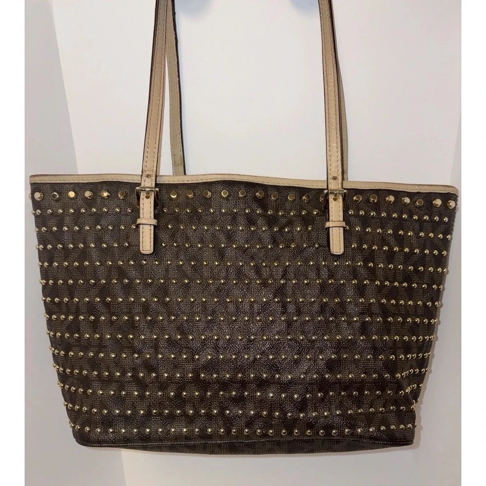 Michael Kors Jet Set Studded Travel Tote Shoulder Bag Gold Brown Leather